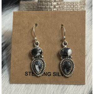Native American Southwest Sterling Silver White Buffalo Dangle Earrings